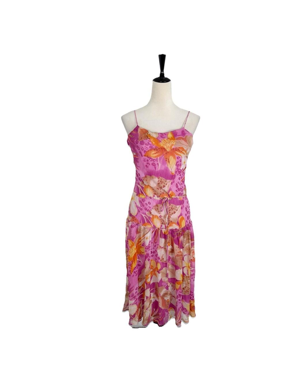 Vintage Y2K Newport News Silk Pink Tropical Floral Tiered Midi Dress Fairy Sz 4